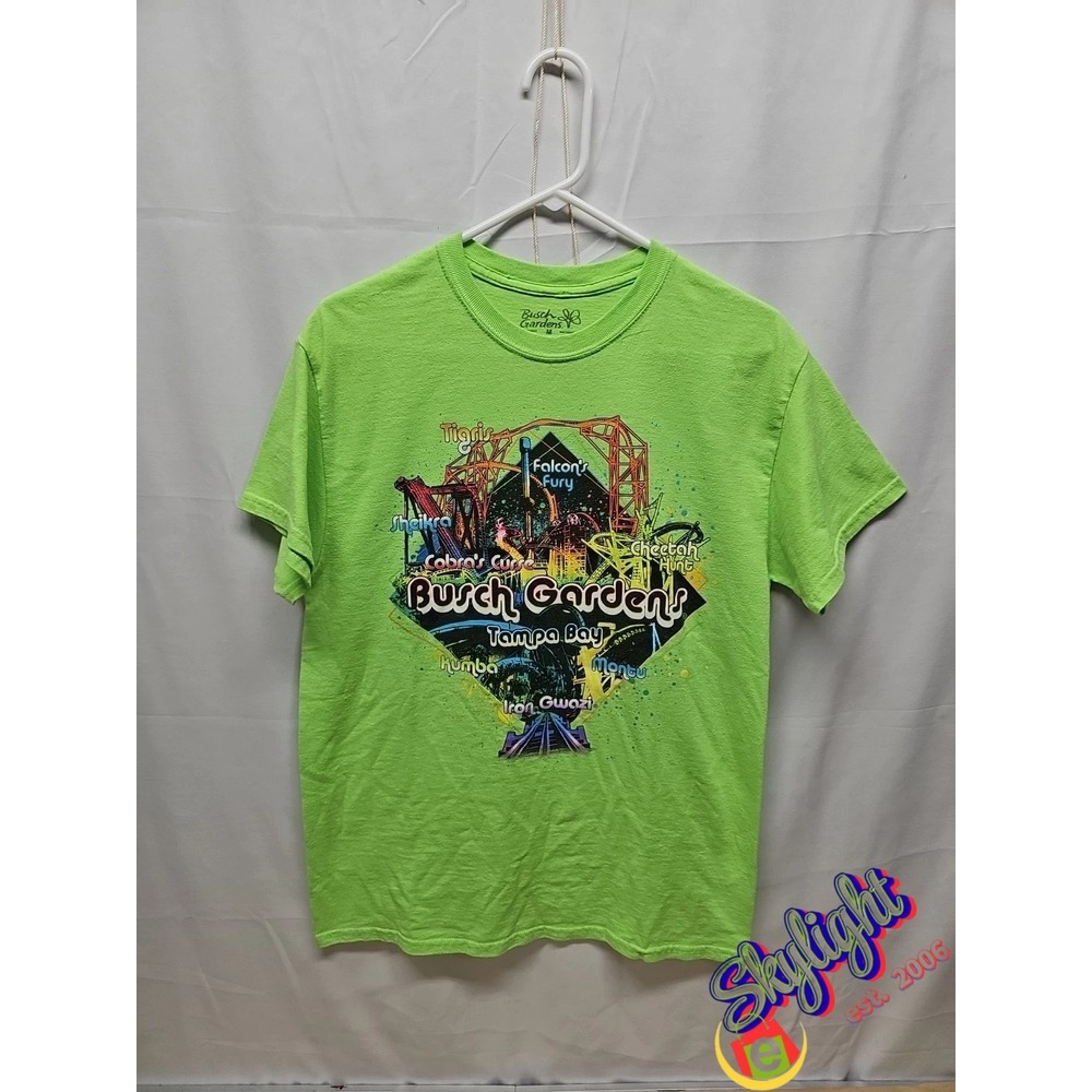 Busch Gardens Men's Green Tampa Bay Neon T Shirt‎ Roller Coasters Graphic Size M